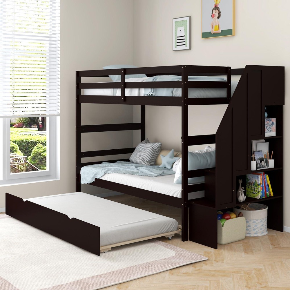 Kotek Twin Over Twin Bunk Bed With Trundle And Stairs, Solid Wood Bunk Bed Frame With Storage Shelf, Bunk Beds Detachable Into 2 Platform Beds For Kids Teens Adults (Espresso)