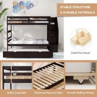 Kotek Twin Over Twin Bunk Bed With Trundle And Stairs, Solid Wood Bunk Bed Frame With Storage Shelf, Bunk Beds Detachable Into 2 Platform Beds For Kids Teens Adults (Espresso)