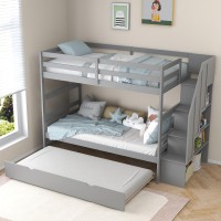 Kotek Twin Over Twin Bunk Bed With Trundle And Stairs, Solid Wood Bunk Bed Frame With Storage Shelf, Bunk Beds Detachable Into 2 Platform Beds For Kids Teens Adults (Grey)