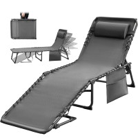 Greesum Chaise Lounge Folding Tanning Chair With 5 Position Adjustable Back Detachable Pillow Pocket Outside Pool Beach Sun