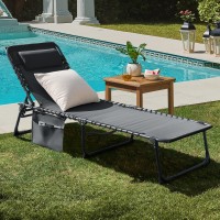 Greesum Chaise Lounge Folding Tanning Chair With 5 Position Adjustable Back Detachable Pillow Pocket Outside Pool Beach Sun