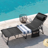 Greesum Chaise Lounge Folding Tanning Chair With 5 Position Adjustable Back Detachable Pillow Pocket Outside Pool Beach Sun