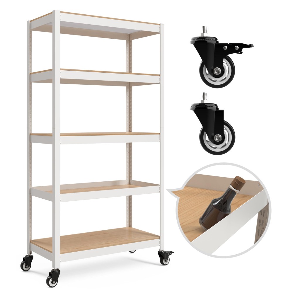 Homedant House White 5Tier Metal Boltless Rolling Cart Shelf Rack Casters Heavy Duty Wheel Shelving Unit Adjustable Storage She