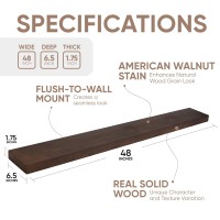 Homeforia 48 Inch Floating Shelf Walnut Premium Solid Wood 48 Inch Long Shelf Dark Brown Heavy Duty Bracket 48 X 65 X 175 I