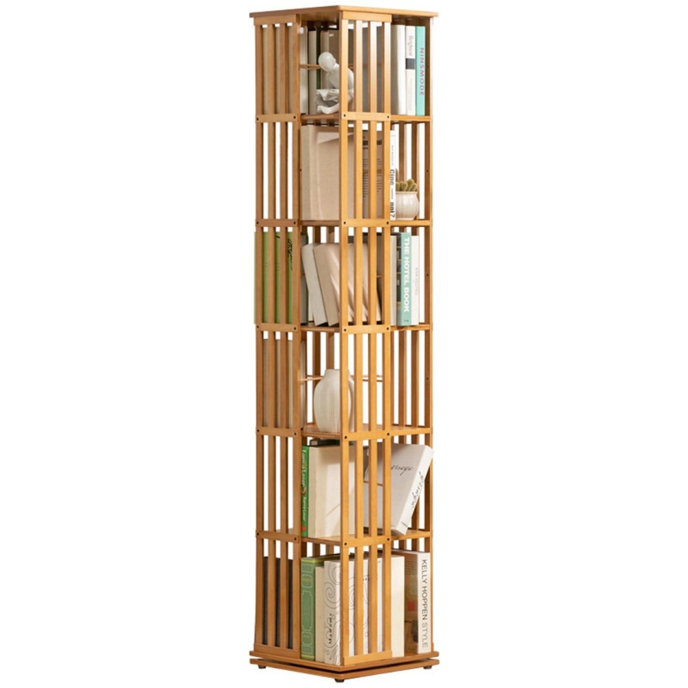 Wddeyyds 360 Rotating Bookshelf 6-Tier Floor Standing Spinning Bookshelf Tower Bamboo Bookcase Toy Storage Cabinets Bins Corner Organizer For Bedroom Living Room,A-6Layers