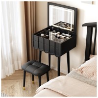 Vanity Desk With 3-Color Lighted Flip Top Mirror And 2 Drawers, Makeup Dressing Table Set Writing Desk With Cushioned Stool (Color : Black, Size : 50X40X78Cm)