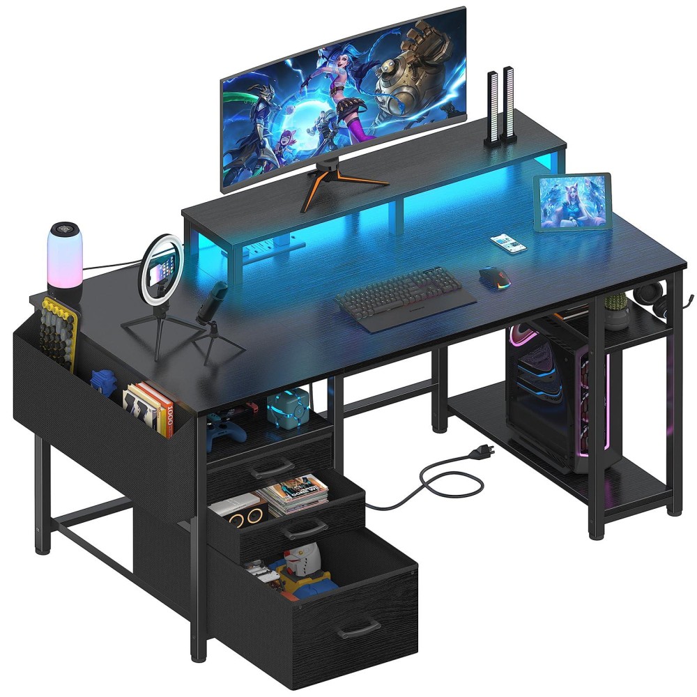 Lufeiya Gaming Desks With Led Lights And Power Outlets 55 Inch Computer Desk With File Drawers Cabinet Home Office Desk With S