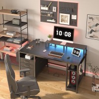 Lufeiya Gaming Desks With Led Lights And Power Outlets 55 Inch Computer Desk With File Drawers Cabinet Home Office Desk With S