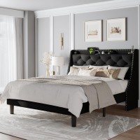 Feonase Full Size Bed Frame With Luxury Wingback And Fast Charging Station Full Upholstered Button Tufted Storage Headboard Plat