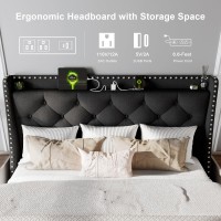 Feonase Full Size Bed Frame With Luxury Wingback And Fast Charging Station Full Upholstered Button Tufted Storage Headboard Plat