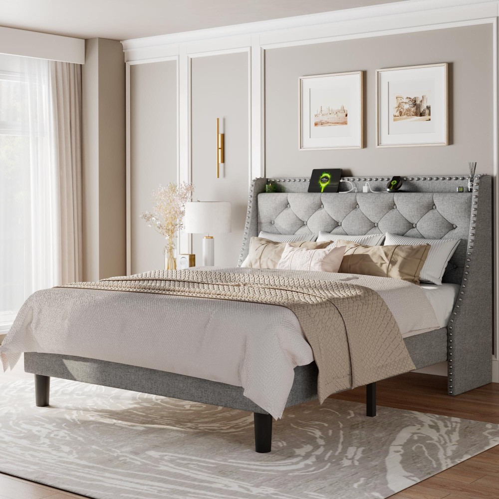 Feonase Queen Bed Frame With Luxury Wingback Upholstered Button Tufted Storage Headboard Queen Platform Bed With Charging Stati