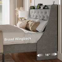 Feonase Queen Bed Frame With Luxury Wingback Upholstered Button Tufted Storage Headboard Queen Platform Bed With Charging Stati