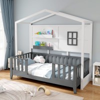Komfott Twin Wood House Bed, Montessori Floor Bed With Fence & 2 Shelves, Kids House Shaped Bed With Window, Wooden Slatted Playhouse Bed For Boys & Girls, No Box Spring Needed, White & Gray