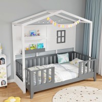 Komfott Twin Wood House Bed, Montessori Floor Bed With Fence & 2 Shelves, Kids House Shaped Bed With Window, Wooden Slatted Playhouse Bed For Boys & Girls, No Box Spring Needed, White & Gray