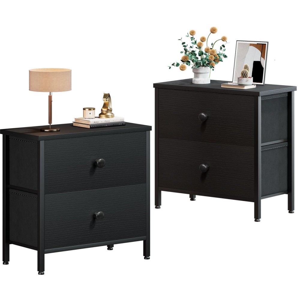 Boluo Black Nightstand Set Of 2 Large Night Stand With Drawers Set 2 Drawer Dresser For Bedroom Modern