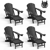 GREENVINES Adirondack-Chairs-with-Ottoman | Set of 2 | Folding | Retractable-Footrest | HDPE Plastic | All Weather Fire Pit Chair | Cup Holders | Black | for Outdoor Poolside