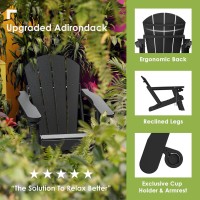 GREENVINES Adirondack-Chairs-with-Ottoman | Set of 2 | Folding | Retractable-Footrest | HDPE Plastic | All Weather Fire Pit Chair | Cup Holders | Black | for Outdoor Poolside