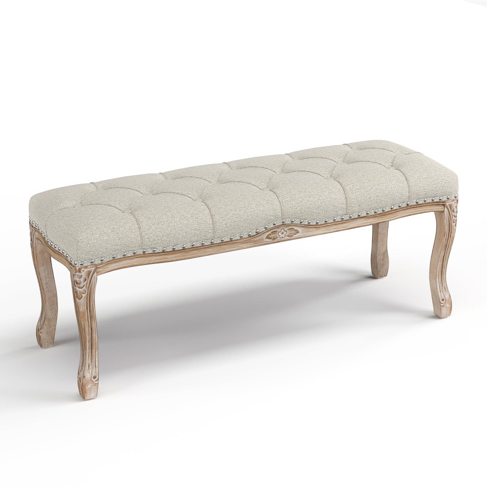 Cozyman Bedroom Bench French Vintage Tufted Entryway Bench 452 Carving Upholstered End Of Bed Bench With Distressed Wood Le