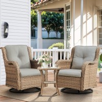 Hummuh 3Piece Swivel Rocking Rattan Chair Outdoor Patio Bistro Furniture Conversation Set Cushioned Wicker Chair With Glass C