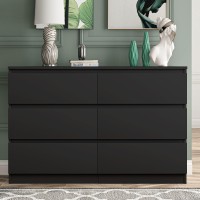 Vibe Dine 6 Drawer Double Dresser Modern Chest Of Drawers With Wide Storage For Closet Bedroom Living Room Black