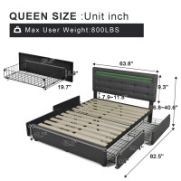 PPZ Bed Frame Queen Size Upholstered Platform Bed Frame with 4 Storage Drawers and LED Lights & Adjustable Headboard No Box Spring Needed Grey CPC Proof