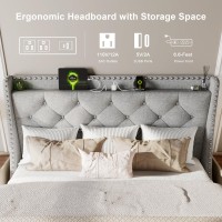 Feonase Full Size Bed Frame With Luxury Wingback And Fast Charging Station Full Upholstered Button Tufted Storage Headboard Plat