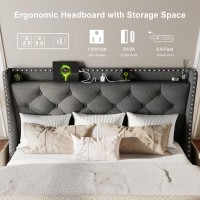 Feonase Full Size Bed Frame With Luxury Wingback And Fast Charging Station Full Upholstered Button Tufted Storage Headboard Plat