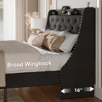 Feonase Full Size Bed Frame With Luxury Wingback And Fast Charging Station Full Upholstered Button Tufted Storage Headboard Plat