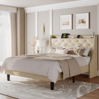 Feonase Full Size Bed Frame With Luxury Wingback And Fast Charging Station Full Upholstered Button Tufted Storage Headboard Plat