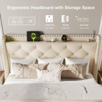 Feonase Full Size Bed Frame With Luxury Wingback And Fast Charging Station Full Upholstered Button Tufted Storage Headboard Plat