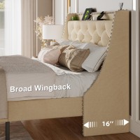 Feonase Full Size Bed Frame With Luxury Wingback And Fast Charging Station Full Upholstered Button Tufted Storage Headboard Plat