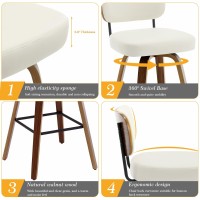 Bekrvio Swivel Bar Stools Set Of 3 29 Upholstered Faux Leather Barstools With Back And Bent Wood Legs Mid Century Modern Bar