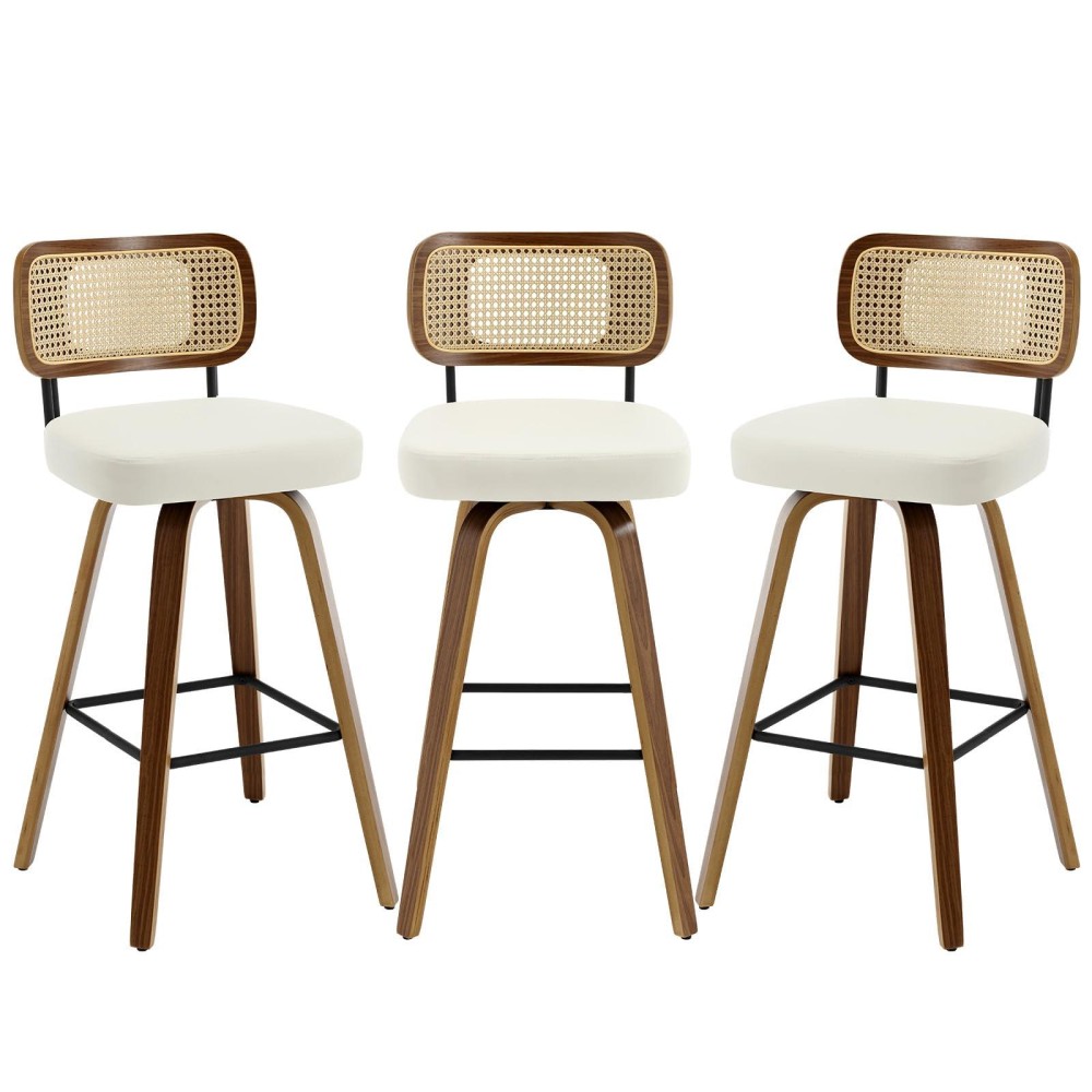 Bekrvio Swivel Bar Stools Set Of 3 Upholstered Faux Leather Barstools With Rattan Back 29 Seat Height Bar Chairs For Kitchen