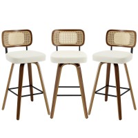 Bekrvio Swivel Bar Stools Set Of 3 Upholstered Faux Leather Barstools With Rattan Back 29 Seat Height Bar Chairs For Kitchen