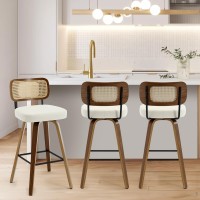 Bekrvio Swivel Bar Stools Set Of 3 Upholstered Faux Leather Barstools With Rattan Back 29 Seat Height Bar Chairs For Kitchen