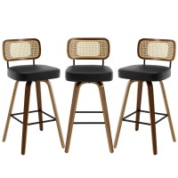 Bekrvio Swivel Bar Stools Set Of 3 Upholstered Faux Leather Barstools With Rattan Back 29 Seat Height Bar Chairs For Kitchen