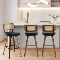 Bekrvio Swivel Bar Stools Set Of 3 Upholstered Faux Leather Barstools With Rattan Back 29 Seat Height Bar Chairs For Kitchen