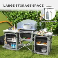 Outsunny Camping Kitchen Table, Portable Folding Camp Kitchen, Aluminum Cook Station With 3 Fabric Cupboards, Windshield, Carrying Bag For Bbq, Rv, Picnic, Gray