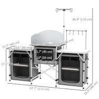 Outsunny Camping Kitchen Table, Portable Folding Camp Kitchen, Aluminum Cook Station With 3 Fabric Cupboards, Windshield, Carrying Bag For Bbq, Rv, Picnic, Gray