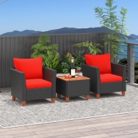 Oralner 3 Pieces Patio Furniture Set, Outdoor Wicker Conversation Chairs With Cushion, Acacia Coffee Table, Rattan Bistro Set For Balcony Garden Backyard Front Porch Poolside (Red)