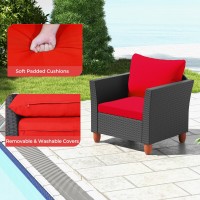 Oralner 3 Pieces Patio Furniture Set, Outdoor Wicker Conversation Chairs With Cushion, Acacia Coffee Table, Rattan Bistro Set For Balcony Garden Backyard Front Porch Poolside (Red)