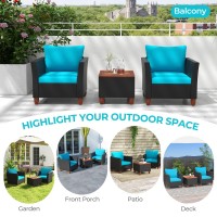 Oralner 3 Pieces Patio Furniture Set, Outdoor Wicker Conversation Chairs With Cushion, Acacia Coffee Table, Rattan Bistro Set For Balcony Garden Backyard Front Porch Poolside (Turquoise)