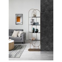 Whiteline Modern Living Koda Oval Bookshelf/Divider, Brushed Bronze Steel, Black Lacquer Shelves