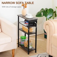 Amhancible Narrow Side Table With Charging Station End Table For Small Spaces Skinny Nightstand With Storage Shelf Narrow End