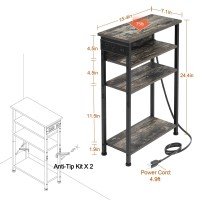 Amhancible Narrow Side Table With Charging Station End Table For Small Spaces Skinny Nightstand With Storage Shelf Narrow End