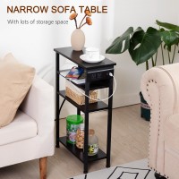 Amhancible Narrow Side Table With Charging Station End Table For Small Spaces Skinny Nightstand With Storage Shelf Narrow End