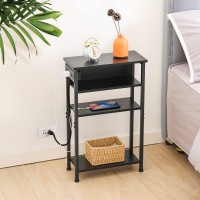 Amhancible Narrow Side Table With Charging Station End Table For Small Spaces Skinny Nightstand With Storage Shelf Narrow End