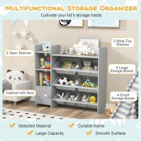 Costzon Kids Toy Storage Organizer, 4-Tier Kids Bookshelf with 8 Toy Organizer Bins, Montessori Shelf with Large Cabinet, Toddler Book Shelf, Children Bookcase for Playroom, Nursery, Daycare (Grey)