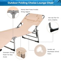 Gymax Tanning Chair, Folding Beach Lounger With Face Arm Hole, Adjustable Backrest, Side Pocket, Pillow & Carry Handle, Outside Sunbathing Lounge Chair For Patio, Poolside, Lawn (2, Sand)