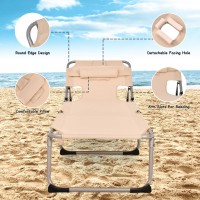 Gymax Tanning Chair, Folding Beach Lounger With Face Arm Hole, Adjustable Backrest, Side Pocket, Pillow & Carry Handle, Outside Sunbathing Lounge Chair For Patio, Poolside, Lawn (2, Sand)